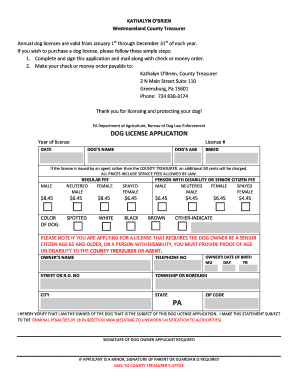 Westmoreland County Dog License  Form