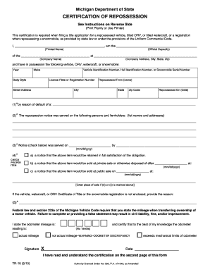 Certification of Repossession TR 10 State of Michigan Michigan  Form