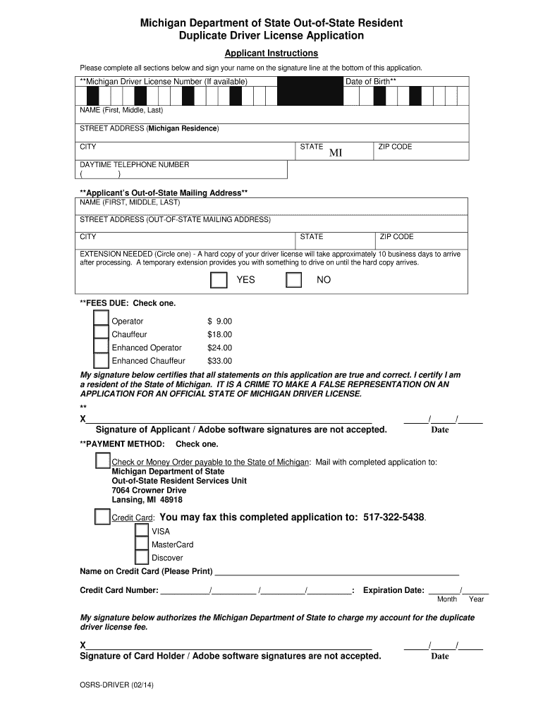 Michigan Department of State Out of State Resident Duplicate    Michigan  Form