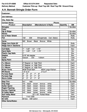 Shingle Order Form a H Bennett Company