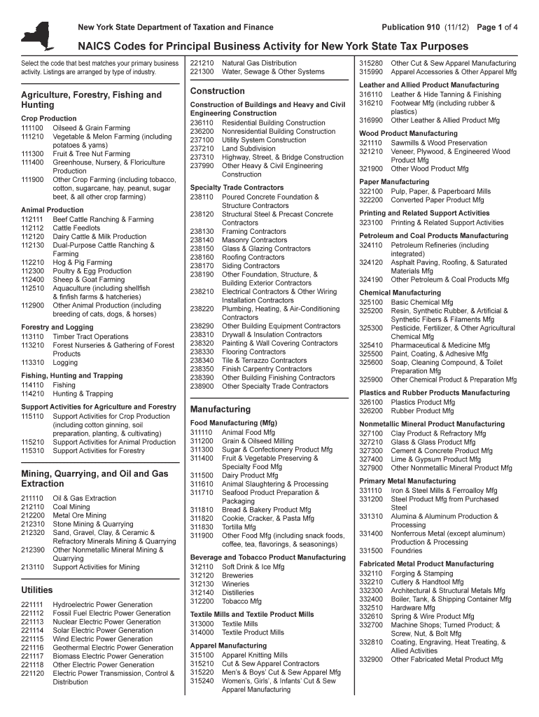  New York State Publication 910 Naics Code Form 2018-2024