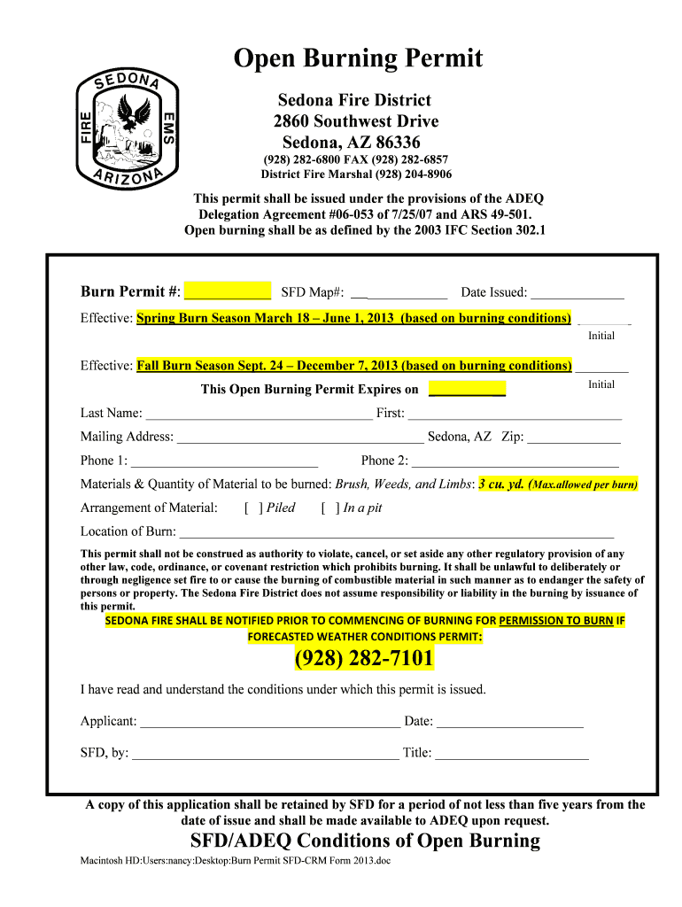 Open Burning Permit  Sedona Fire District  Sedonafire  Form