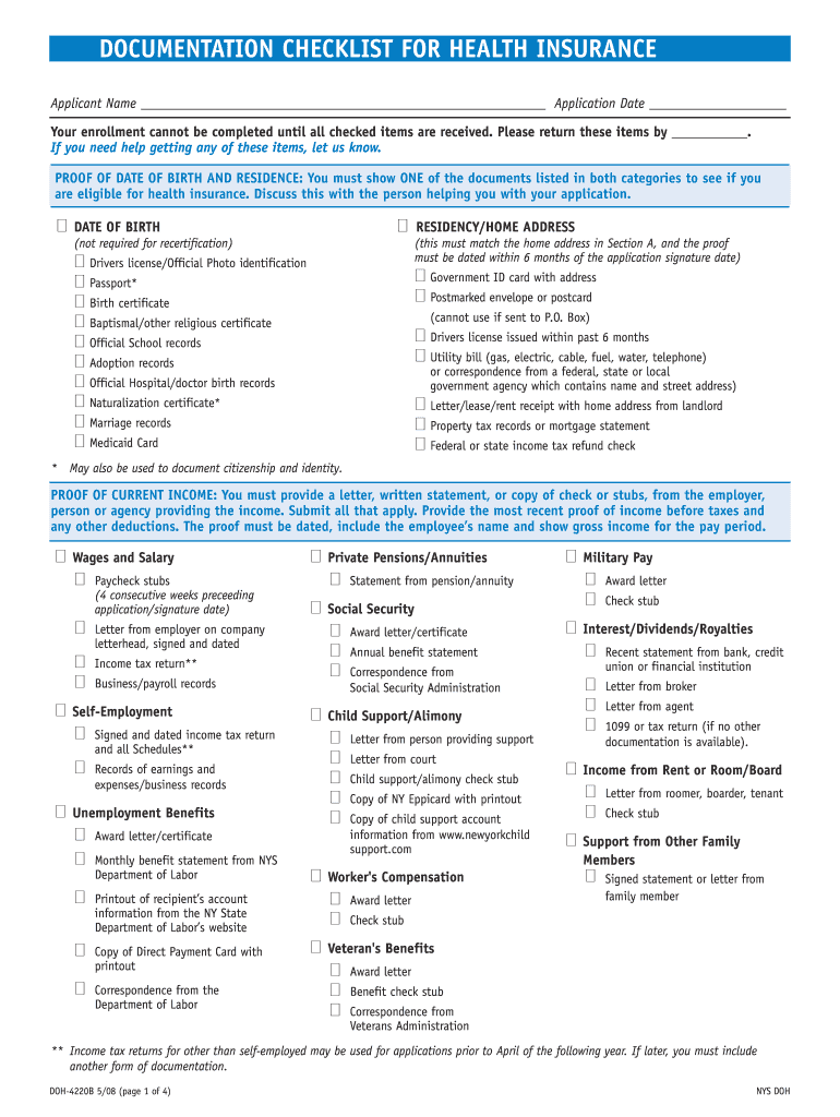 Documentation Checklist for Health Insurance  New York State    Health Ny  Form