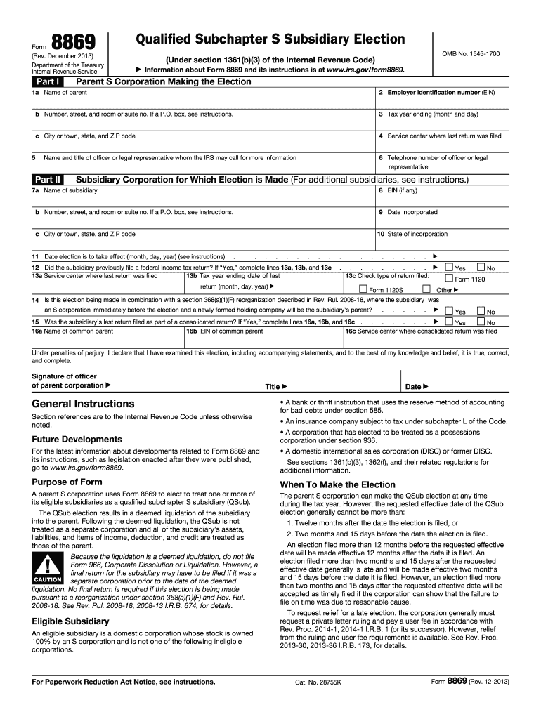  Qualified Subhapter S Subsidiaries Form 8869 2013