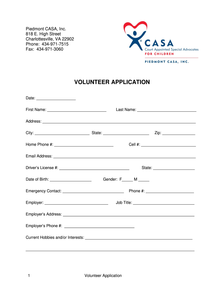 Volunteer Application  Piedmont CASA  Pcasa  Form