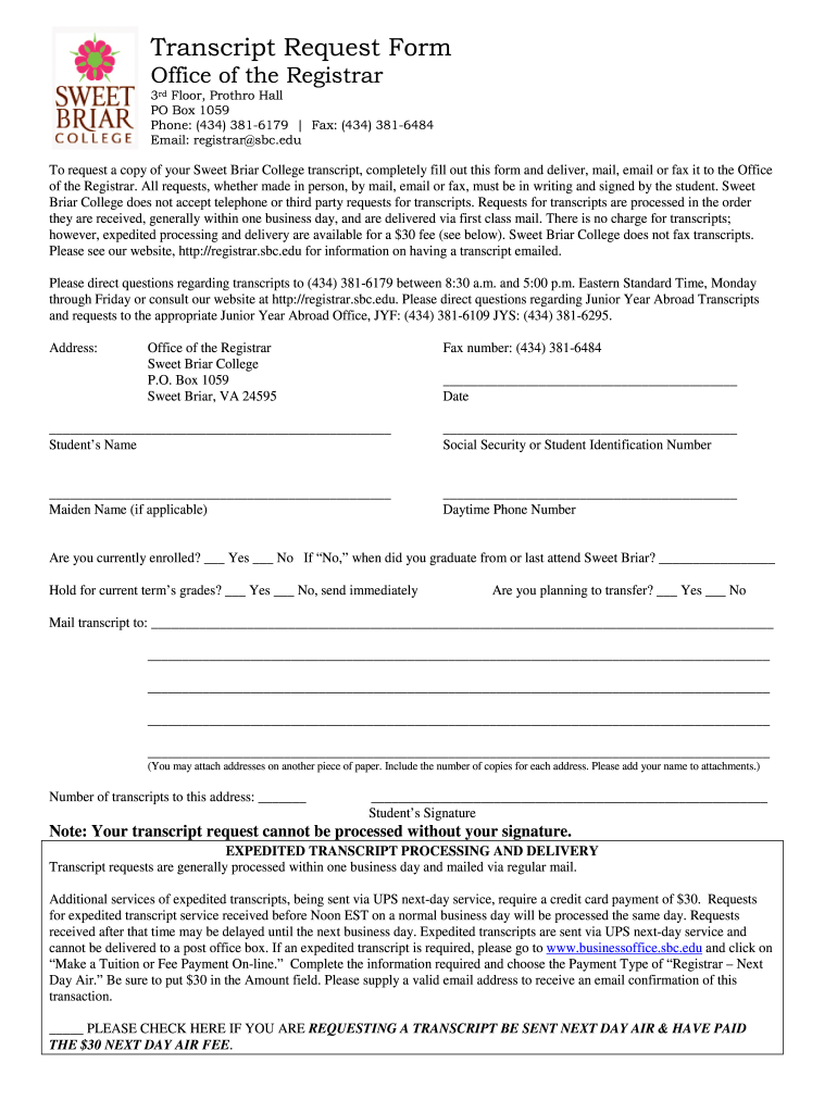  Transcript Request Form  Registrar&#39;s Office  Sweet Briar College  Registrar Sbc 2014