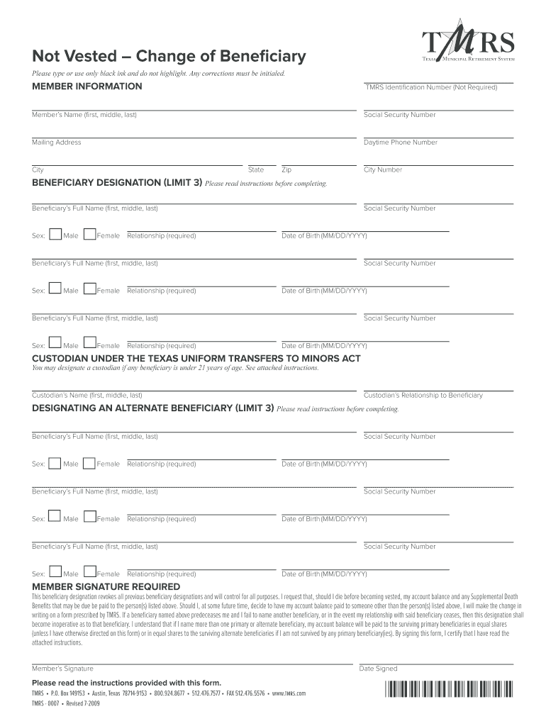 Not Vested Change of Beneficiary the City of San Antonio  Form