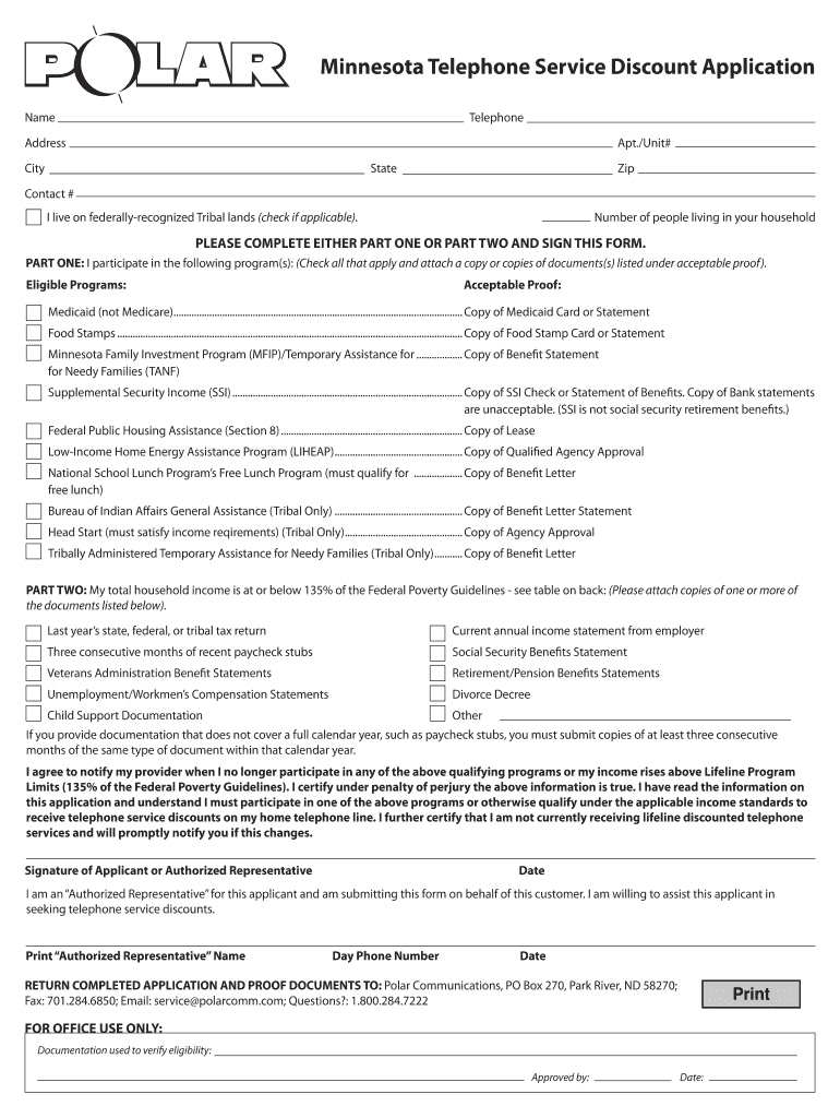 Minnesota Telephone Service Discount Application  Form