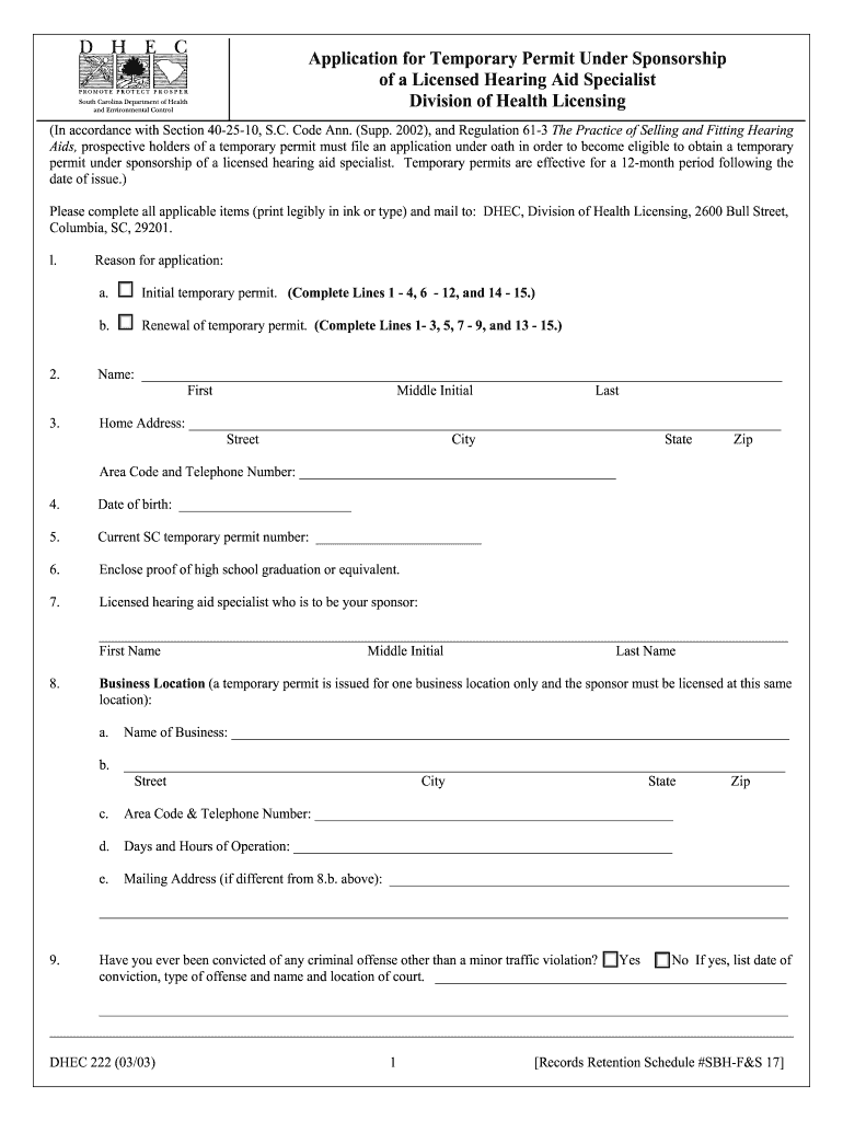  Application for Temporary Permit under Sponsorship of a Licensed    Dhec Sc 2003