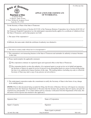 Application for Withdrawl of Certificate Form