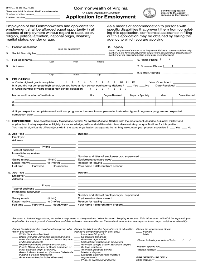  Virginia Application for Employment Dpt Form 10 012 2003