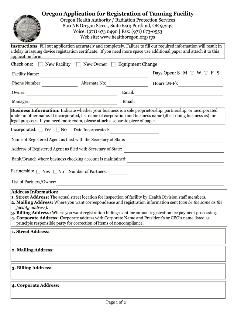 Oregon Application for Registration of Tanning Facility  Public Health Oregon  Form