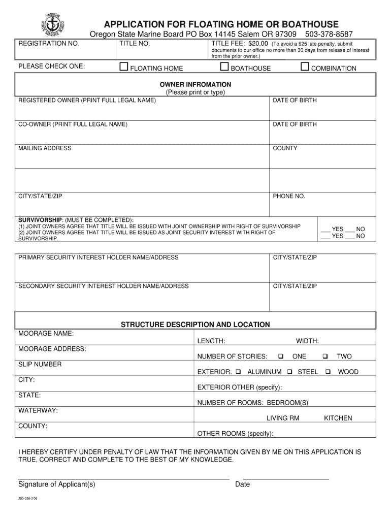 Form Oregon Application for Floating Home