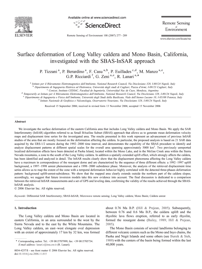 Surface Deformation of Long Valley Caldera and Mono Basin Sar Kangwon Ac