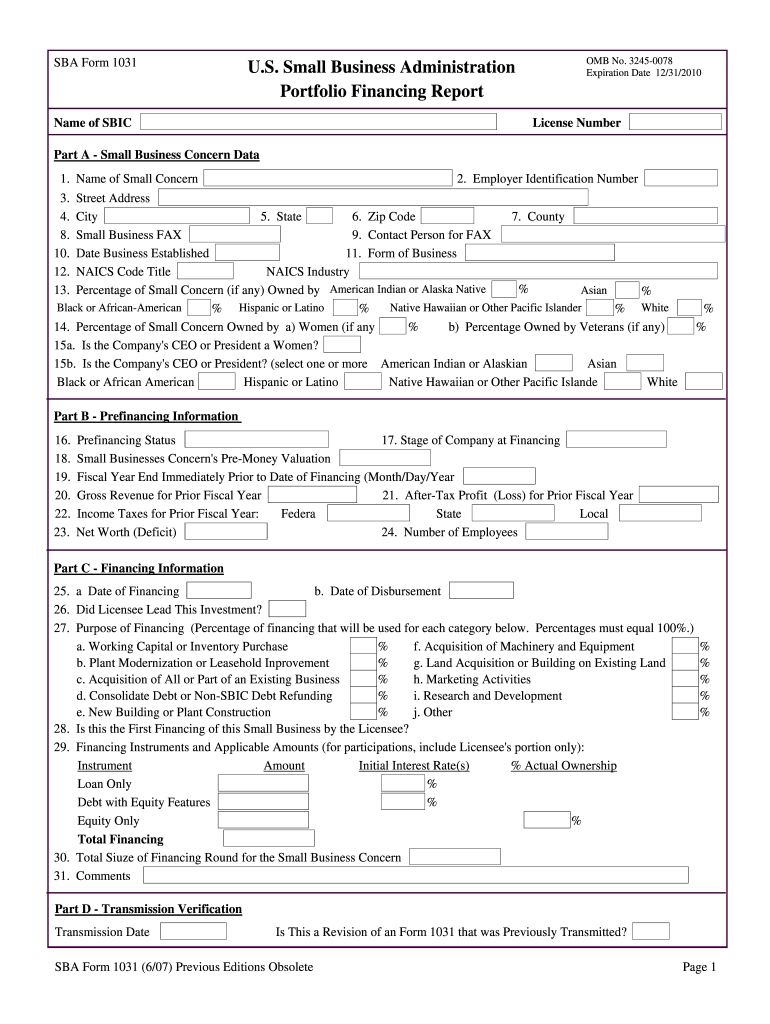  Sba Form 1031 Portfolio Financing Report 2007