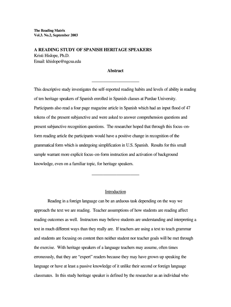 A Reading Study of Spanish Heritage Speakers the Reading Matrix  Form