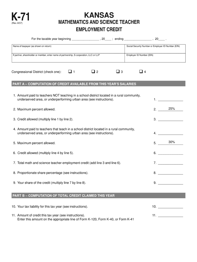 Mathematics and Science Teacher Employment Credit K 71Rev 8 07 Credit Schedules  Form