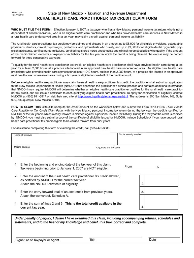  Rural Health Care Practitioner Tax Credit Claim Form 2012