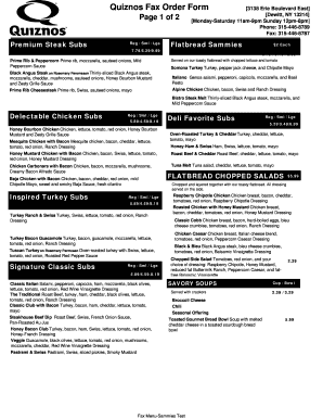 Quiznos Printable Menu  Form