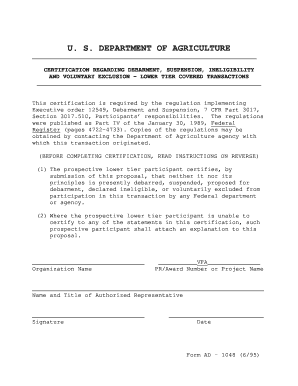 DEPARTMENT of AGRICULTURE CERTIFICATION REGARDING DEBARMENT, SUSPENSION, INELIGIBILITY and VOLUNTARY EXCLUSION LOWER TIER COVERE  Form