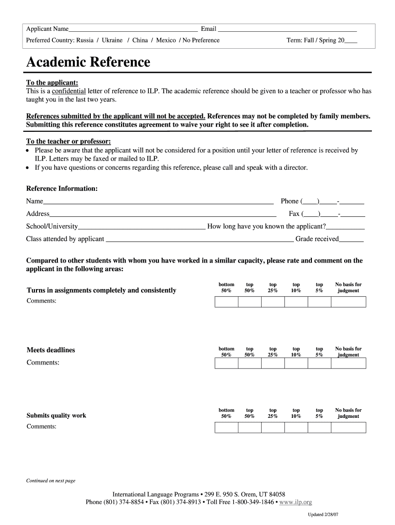 Academic Reference International Language Programs Ilp  Form