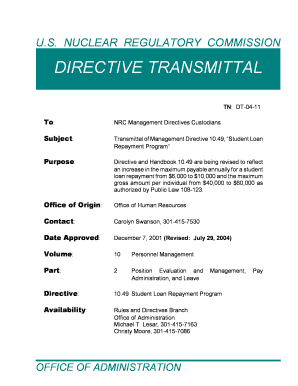 Management Directive 10 49, &quot;Student Loan Repayment Program &quot; Pbadupws Nrc  Form