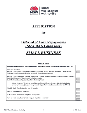 Application for Deferral of NSW RAA Loan Repayments Small Business  Form