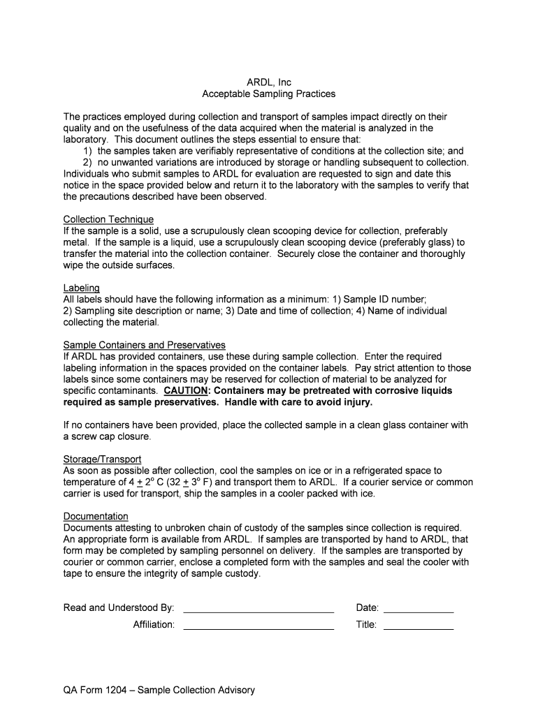 QA Form 1204 Sample Collection Advisory ARDL, Inc Acceptable