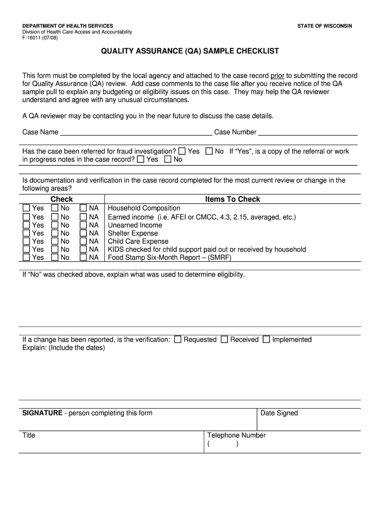 Quality Assurance QA Wisconsin Department of Health Services  Form