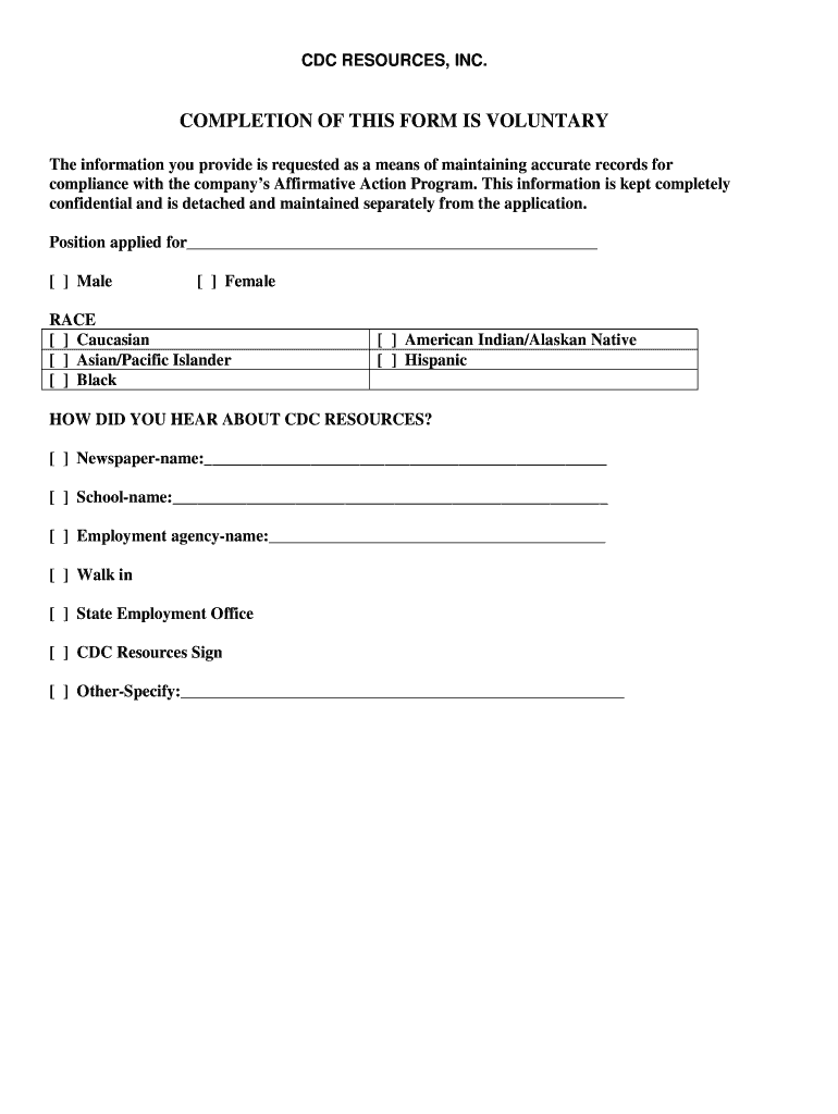 COMPLETION of THIS FORM is VOLUNTARY CDC Resources Cdcresources