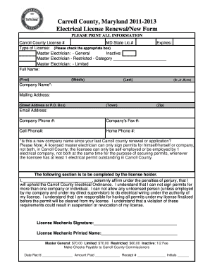 Carroll County Electrical License Renewal  Form