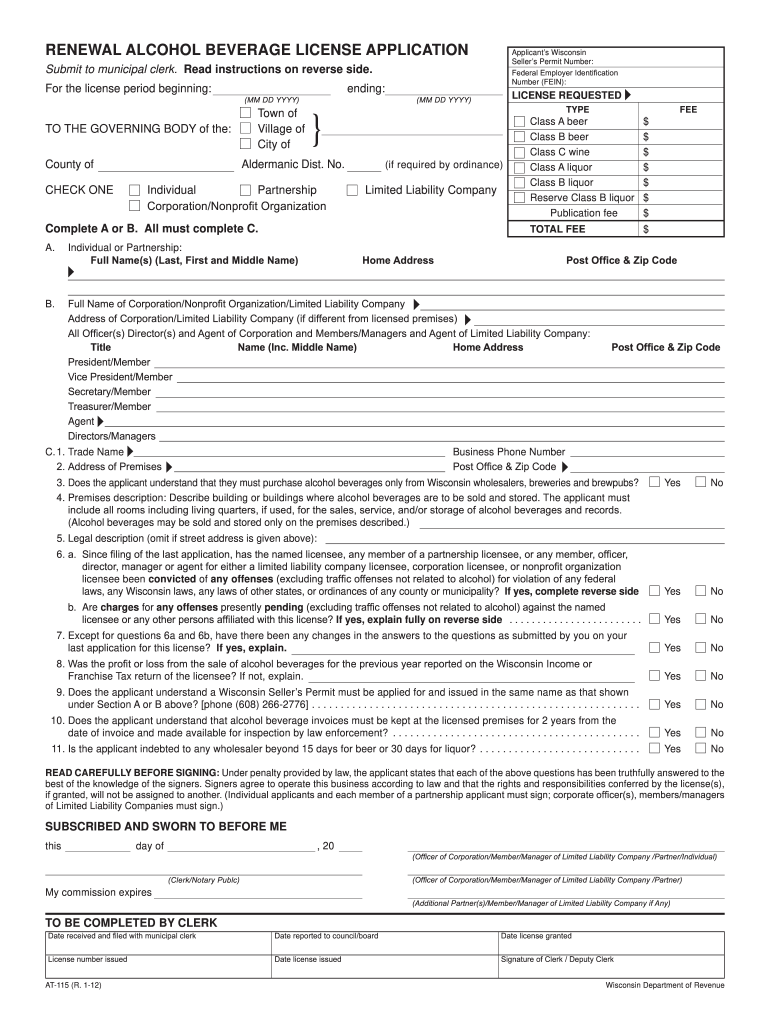 At 115 Alcohol Beverage License Fill in Form