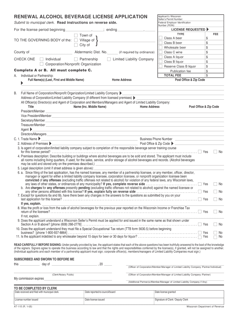 At 115 Renewal Alcohol Beverage License Application  Townofwascott  Form