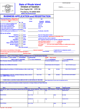 State of Rhode Island Division of Taxation Business Application and Registration Fillable Form