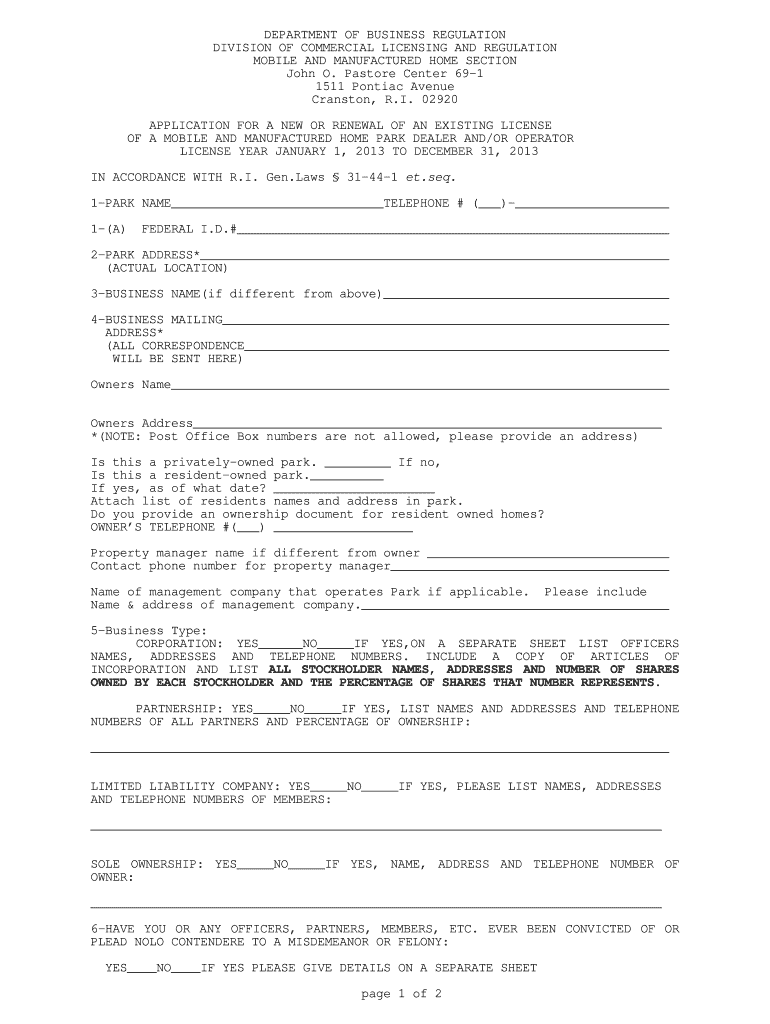 Ridepartment of Business Regulation Division of Commercial Licensing and Regulation Form