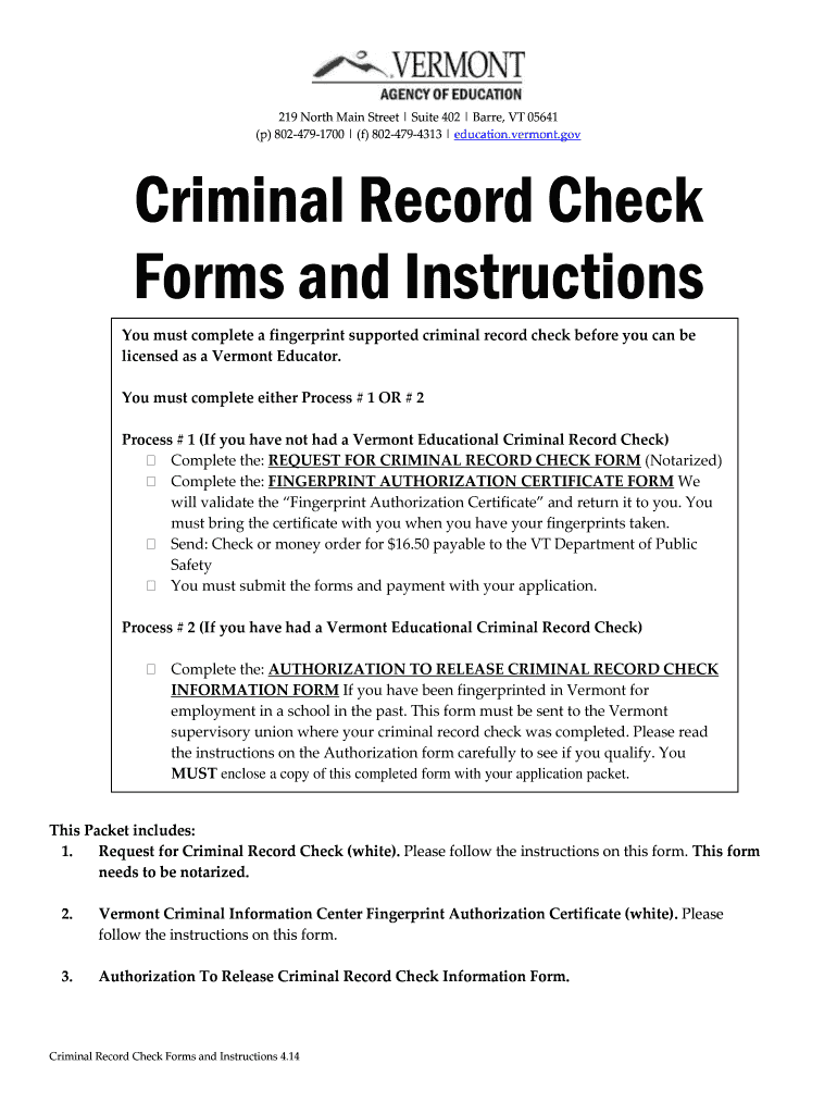 Criminal Record Check Forms and Instructions  Vermont    Education Vermont