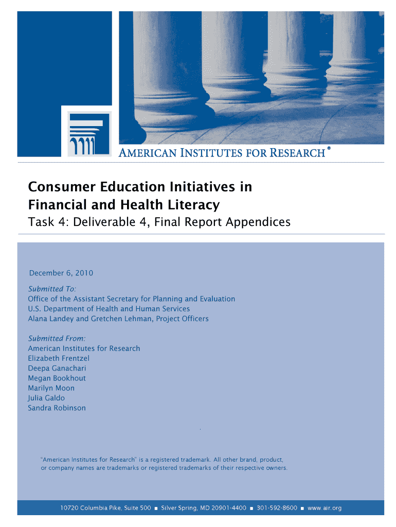 Appendices for Consumer Education Report  Form
