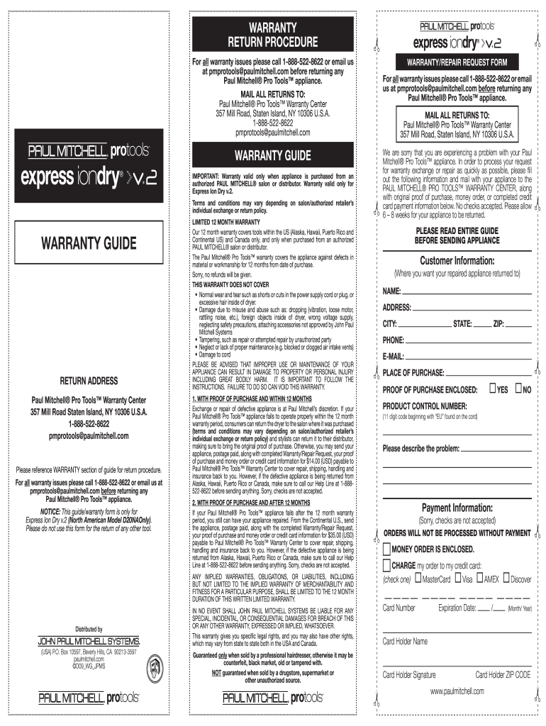 Paul Mitchell Warranty  Form