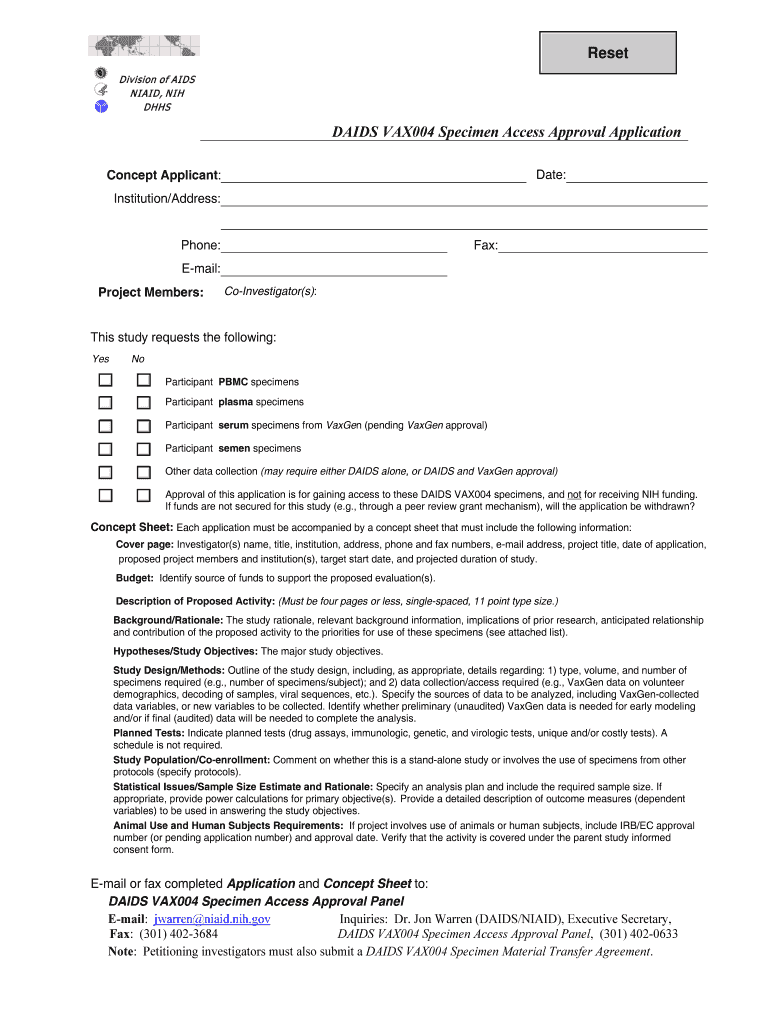 DAIDS VAX004 Specimen Access Approval Application  Form