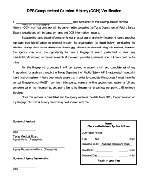 Dps Computerized Criminal History Cch Verification  Form