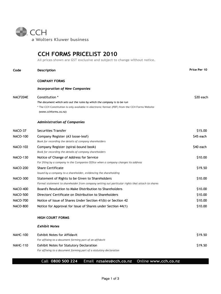 June Forms Price List CCH Forms