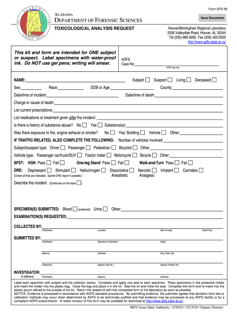 Toxicological Analysis Request Form DFS 59  Alabama    Adfs Alabama