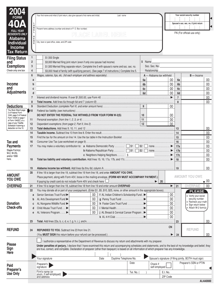  Alabama Department of Revenue Printable Form 40a 2004