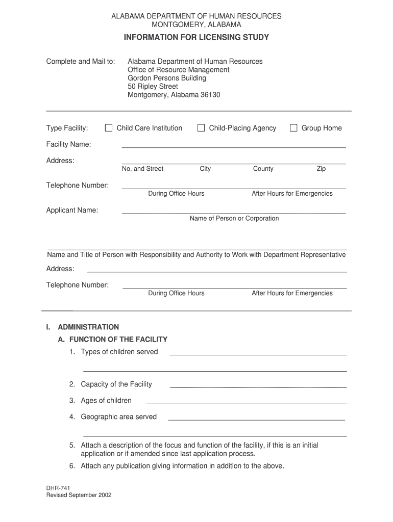  Information Form for Licensing Study 741  Alabama Department of    Dhr Alabama 2002-2024