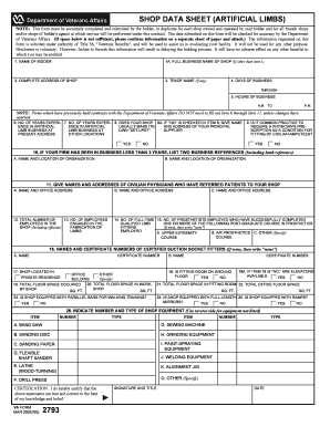 VA Form VA2793 Shop Data Sheet Artificial Limbs Va