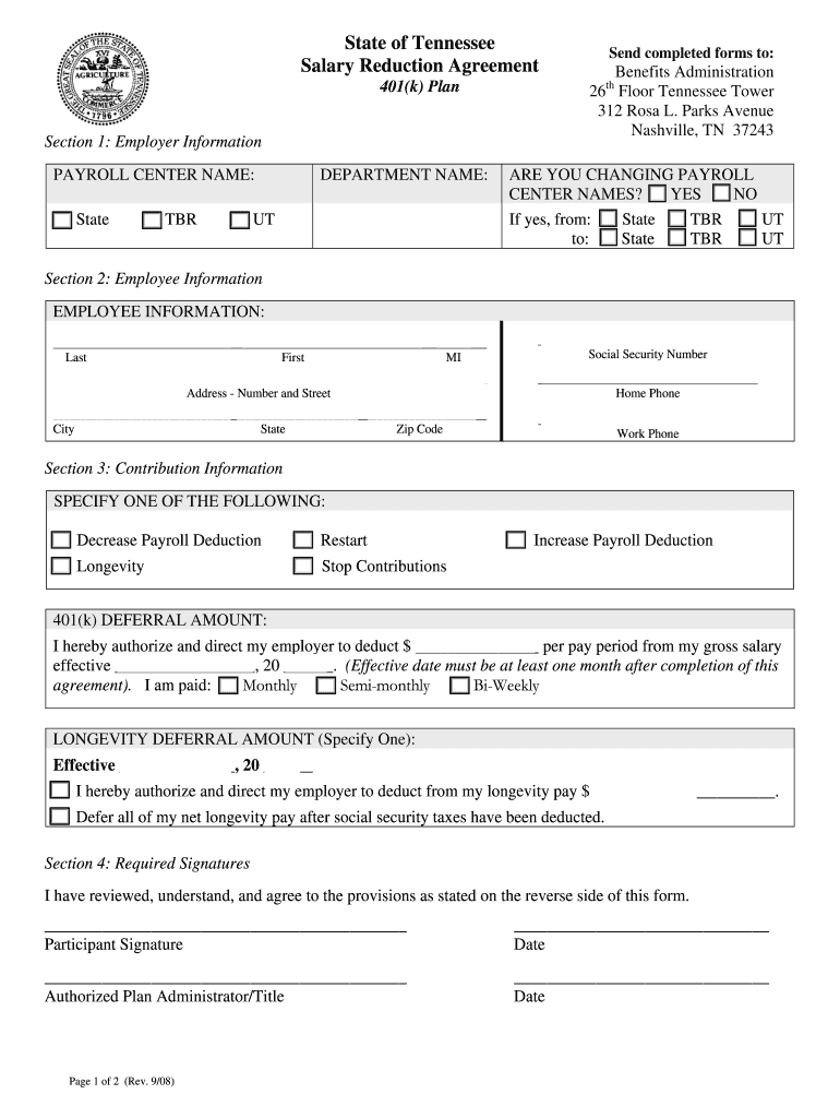 401k Salary Reduction Agreement TN Gov Tn  Form