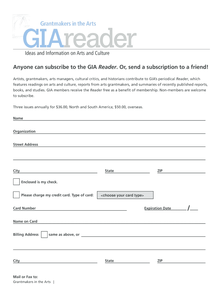 GIA Reader Subscription Form Giarts