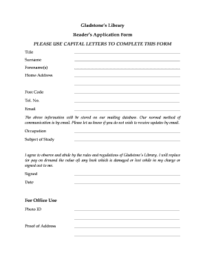 Gladstone&#039;s Library Reader&#039;s Application Form PLEASE USE Gladstoneslibrary