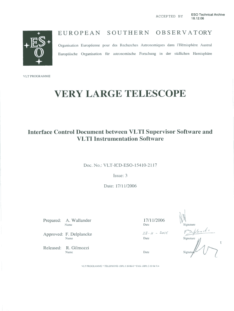 Interface Control Document between VLTI Supervisor Software and VLTI Instrumentation Software Ftp Eso  Form