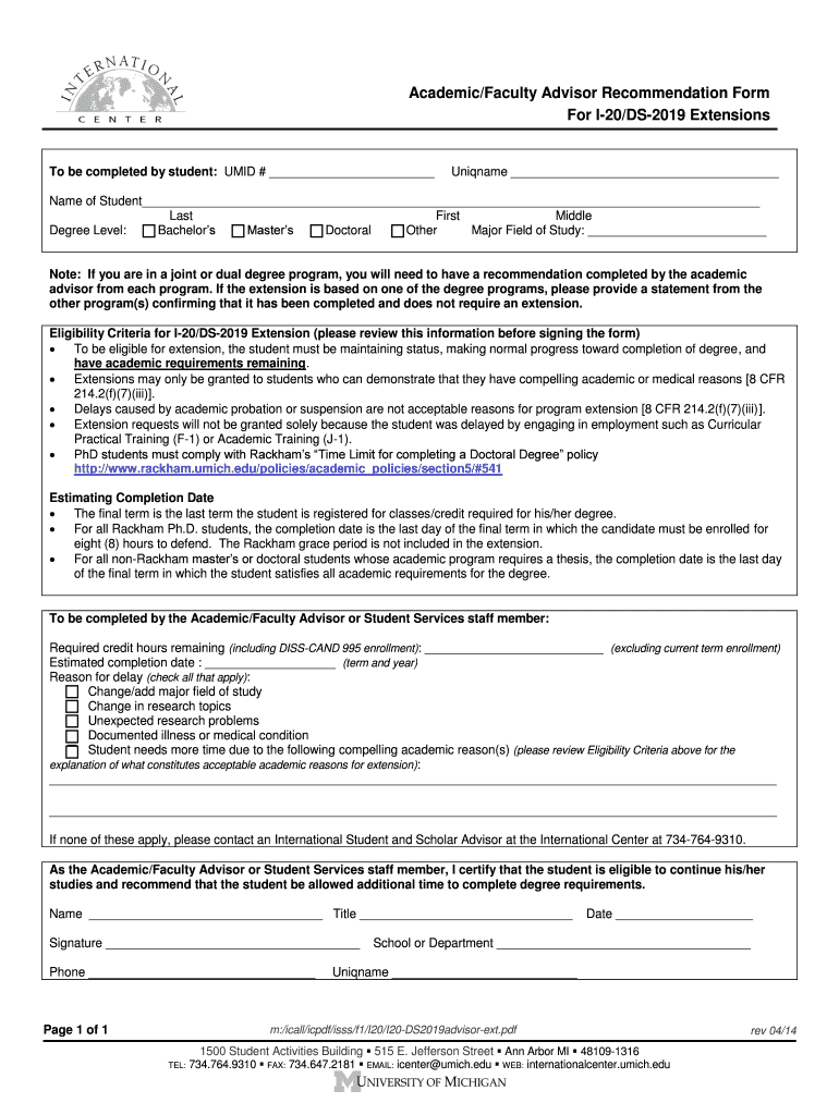 AcademicFaculty Advisor Recommendation Form for I 20DS